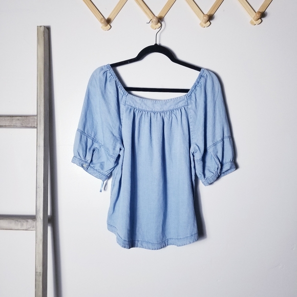 LOFT JEAN BLOUSE WITH PUFFED SLEEVES SIZE MEDIUM - Picture 2 of 13